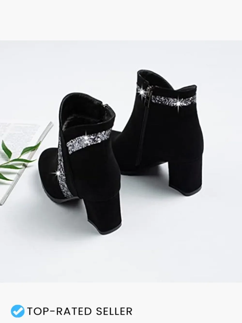 Glitter Chunky Heel Ankle Booties Side Zip Round Toe Dressy Short Boots